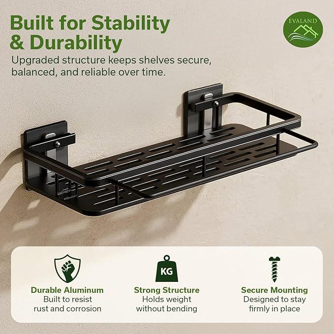 EVALAND Shower Caddy Adhesive 2-Pack with Hooks and Rod for Towels, Black – Premium Bathroom Shower Shelves, Shampoo Organizer, Bathtub Shelf, Rustproof, Easy Installation, Sturdy Modern Look - ModernBath