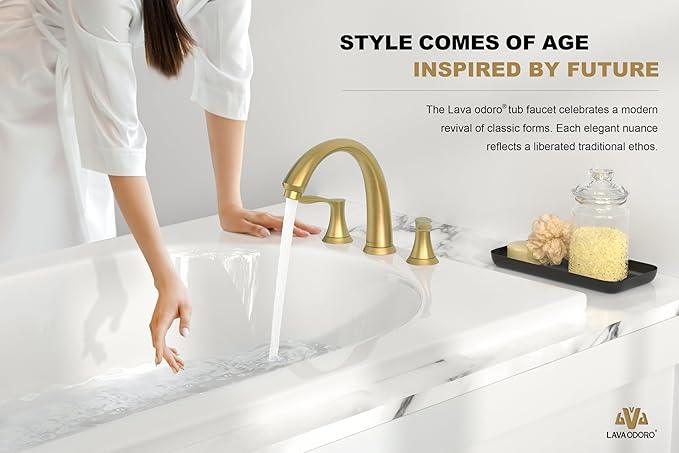 Lava Odoro Brushed Gold Roman Tub Faucet, 2 Handle Bathtub Faucet with Valve, High Flow 8 inch Widespread Deck Mount Tub Faucet, Solid Brass 3 Hole Bath Tub Filler TF405-SG - ModernBath