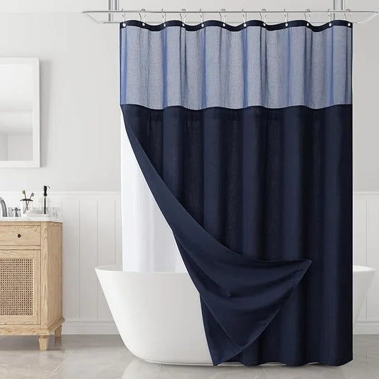 Naturoom Navy Blue Linen Shower Curtain with Fabric Liner Set Rustic Style Modern Farmhouse Shower Curtains for Bathroom 200GSM Burlap Cloth Double Bath Curtains with See Through Top Window 72x72 - ModernBath