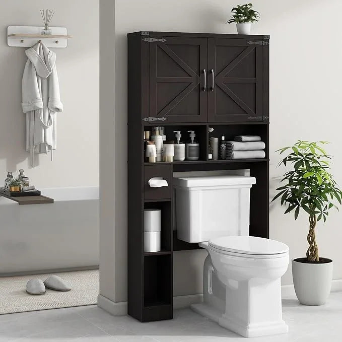 Vabches Over The Toilet Storage Cabinet, Farmhouse Storage Cabinet Over Toilet with 2 Barn Doors & Toilet Paper Holder Stand，Home Space-Saving Toilet Rack, for Laundry, Restroom, Bathroom.Walnut - ModernBath