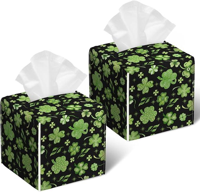 Green Clover Shamrock Tissue Box Cover 2PCS, St.Patrick's Leather Tissue Box Holder Square Facial Paper Case Tissue Box Cube Organizer for Bathroom Bedroom Desk Office - ModernBath