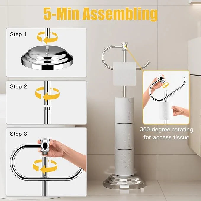 BESy Toilet Paper Holder Free Standing Bathroom Toilet Tissue Holder Stand for Floor Toilet Paper Roll Holder with Storage Hardware Accessories Rack Hand Towel Bar Polished Chrome Stainless Steel - ModernBath