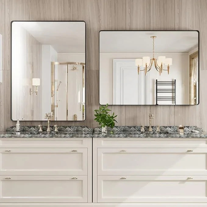 JISOSO Black Bathroom Mirror 48X36 Inch, Black Metal Framed Mirror for Wall, Rounded Rectangle Matte Bathroom Vanity Mirror with Tempered Glass, Anti-Rust, Horizontal/Vertical - ModernBath