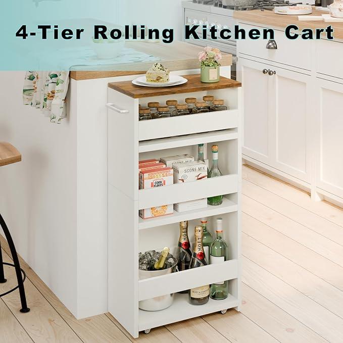 MARTY Rolling Storage Cart 7.9" W, 4-Tier Kitchen Cart with Wheels Handle, Slim Storage Cart Mobile Shelving Utility Carts for Bathroom Laundry Room Organization Narrow Places (White) - ModernBath
