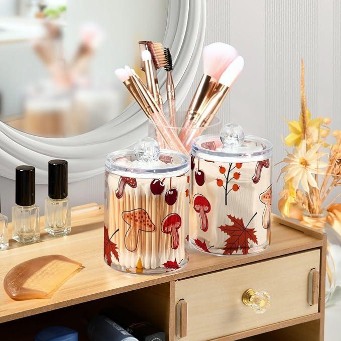 Tatenale Qtip Holder Bathroom Set Q tip Cotton Ball Swab Pad Dispenser Container Organizer Plastic Jars with Lids Storage 2Pack Fall Leaves Rowanberry and Mushroom - ModernBath