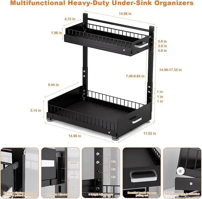 Under Sink Organizer,2 Tier Slide Out Kitchen Cabinet Organizers with Pulley,Under Bathroom Sink Pull Out Organizer with Multiple Height Adjustments for Kitchen and Bathroom Cabinets-Black - ModernBath