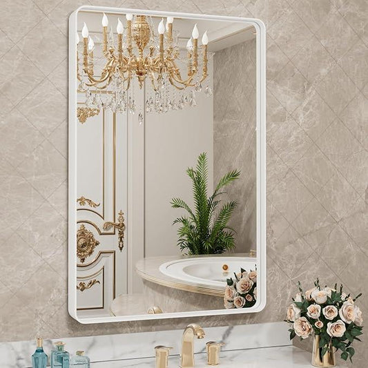 LOAAO 20x30 Inch White Metal Framed Bathroom Mirror for Wall, White Bathroom Vanity Mirror Farmhouse, Large Rounded Rectangle Mirror, Anti-Rust, Hangs Horizontally or Vertically - ModernBath