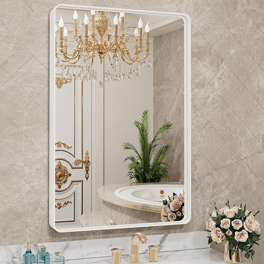 LOAAO 24x36 Inch White Metal Framed Bathroom Mirror for Wall, White Bathroom Vanity Mirror Farmhouse, Large Rounded Rectangle Mirror, Anti-Rust, Hangs Horizontally or Vertically - ModernBath