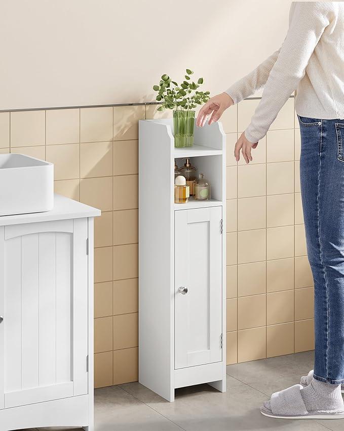 VASAGLE Small Storage Corner Floor Cabinet with Door, 7.9 x 7.1 x 31.5 Inches, Narrow Toilet Paper Storage Holder, Adjustable Shelves, for Bathroom, Living Room, Small Spaces, Cloud White UBBC310W01 - ModernBath