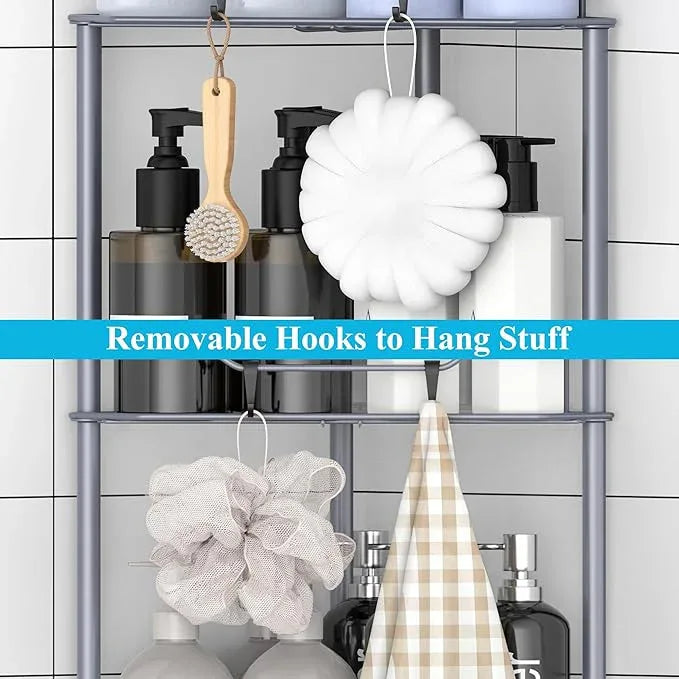 5 Tier Floor Standing Corner Shower Caddy Organizer Shelf with Hooks, Bathroom Shelves Stand Rack, Dark Gray - ModernBath