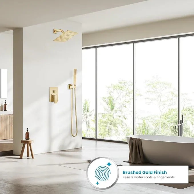 gotonovo Rainfall Bathroom Shower System Rain Shower Head and Handle Set Wall Mounted Shower Complete Combo Solid Brass Pressure Balancing Shower Mixer Valve 8 Inch Brushed Gold - ModernBath