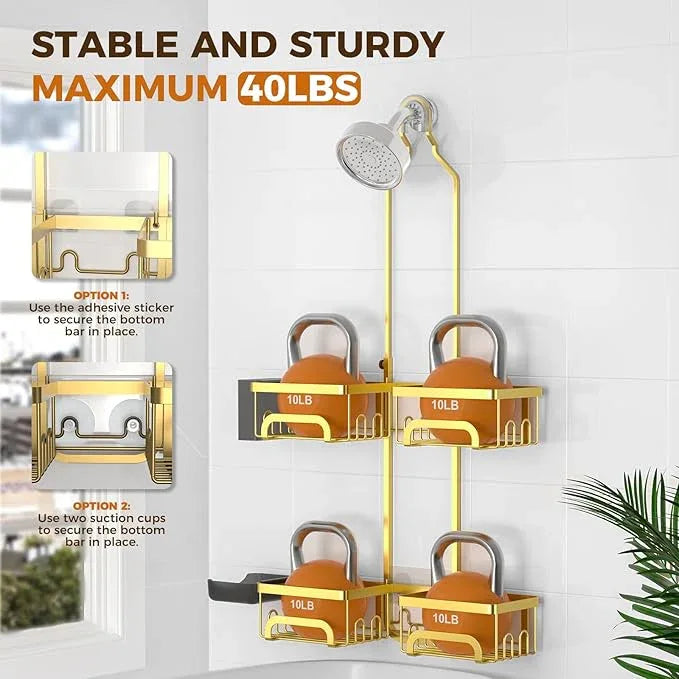 REINHARDT Shower Caddy Hanging for Handheld Showerheads Adjustable Split Shower Caddy, Rustproof Shower Organizer with Hooks for Razors Over the Head Caddy with Soap Holder Bathroom Accessories, Gold - ModernBath