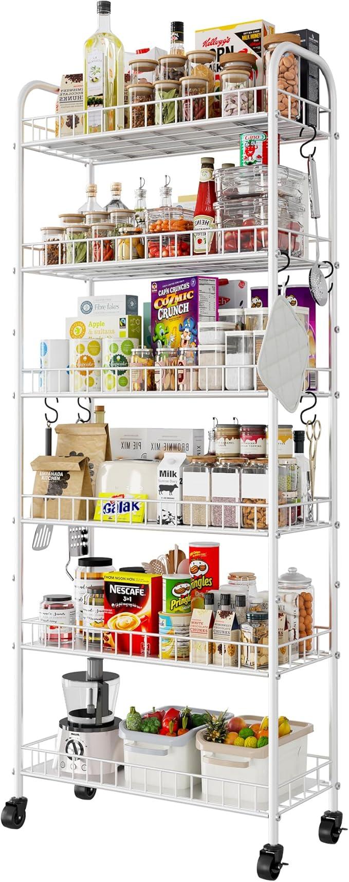 6 Tier Slim Rolling Storage Cart with Wheels, Metal Mobile Shelving Unit Organizer Utility Cart for Office Bathroom Kitchen Laundry Room Narrow Places (White 10 Inches) - ModernBath