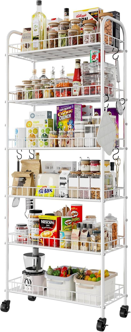 6 Tier Slim Rolling Storage Cart with Wheels, Metal Mobile Shelving Unit Organizer Utility Cart for Office Bathroom Kitchen Laundry Room Narrow Places (White 10 Inches) - ModernBath