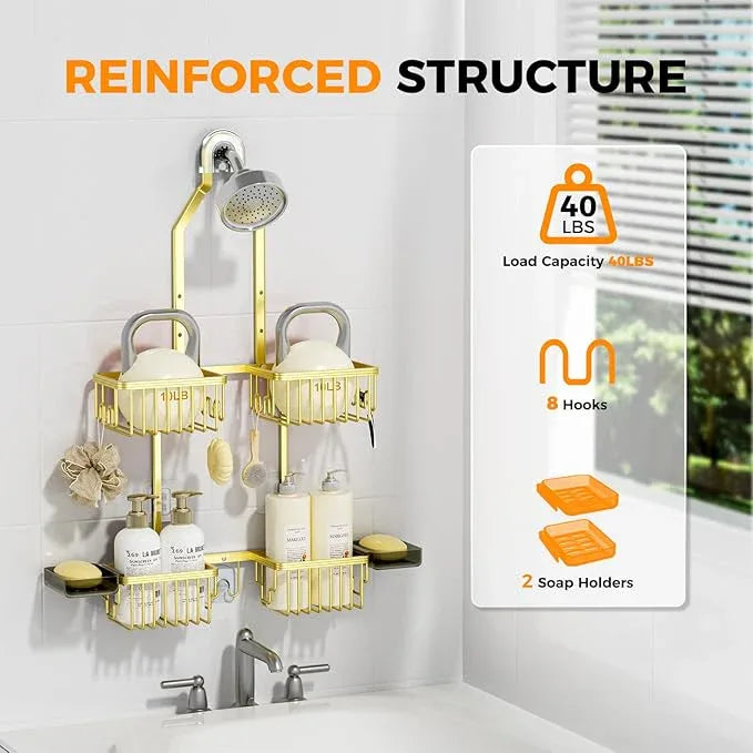 REINHARDT Aluminum Shower Caddy Hanging Adjustable Shower Caddy, Rustproof Hanging Shower Organizer with Hooks Soap Holders, Over Shower Head Caddy for Handheld Showerhead, Gold - ModernBath