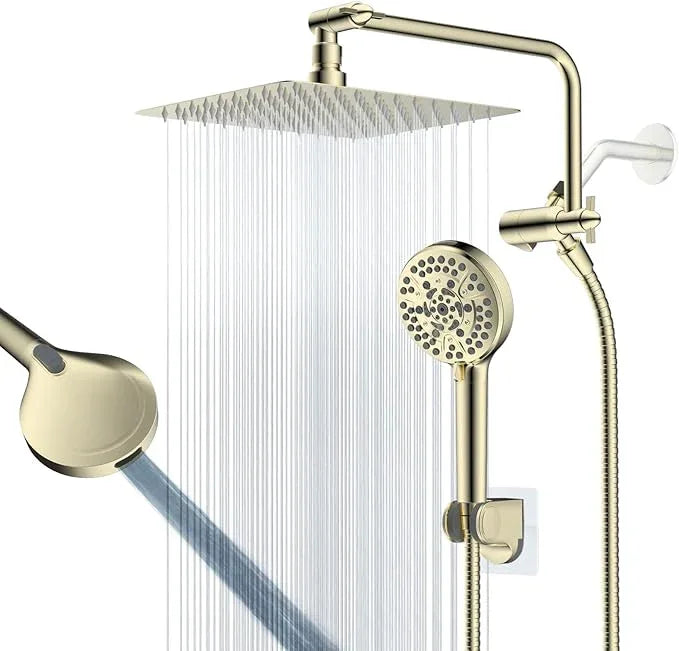 All Metal Shower Head, 10" High Pressure Rainfall/Handheld Shower Combo with 11" Extension Arm, 10-Spray Handheld Showerhead, 71" Long Hose, 3-Way Diverter Valve, Shiny Gold - ModernBath
