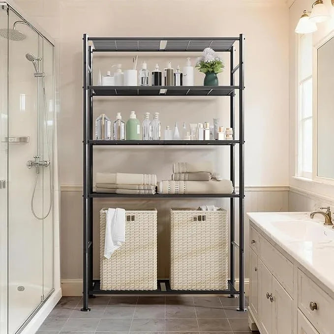 5 Tier Shelf Organizer Rack, Metal Shelving Unit with Adjustable Leveling Feet, Space-Saving Storage Shelves for Garage Closet Laundry Bathroom Kitchen Pantry, 33.07”Wx12.6”Dx72.04”H,Black - ModernBath