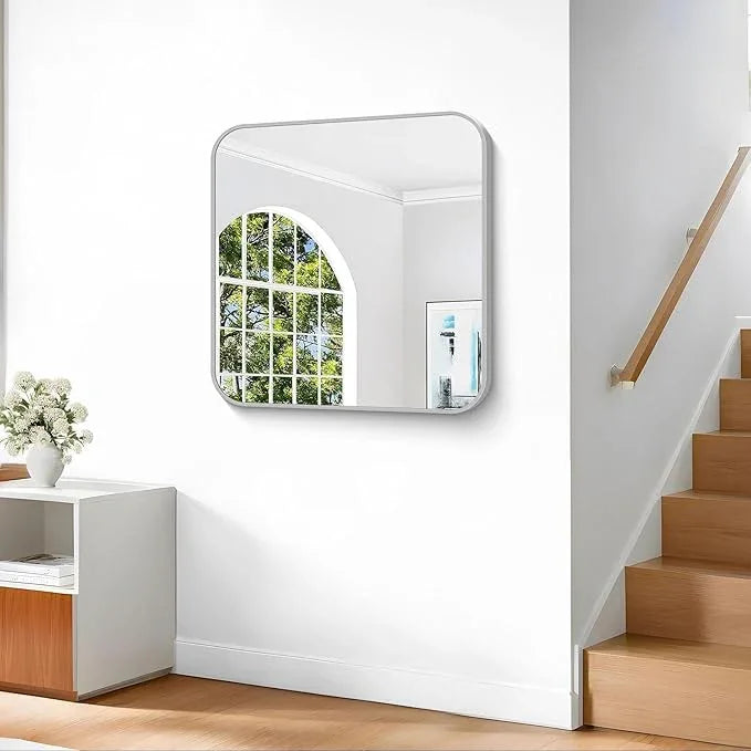 CIVENO Silver Bathroom Mirror, 30 x 30 Inch Silver Square Mirror, Metal Framed Rectangular Vanity Mirror, Rounded Corner Wall Mounted Mirror for Living Room Bedroom Entryway Hangs Horizontal/Vertical - ModernBath
