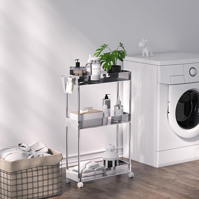 VECELO 3-Tier Acrylic Rolling Cart, Utility Cart for Kitchen Storage, Mobile Shelves Slide-Out Organizers with 2 Lockable Wheels&Hooks for Bathroom Laundry Room Living Room Office, Clear - ModernBath