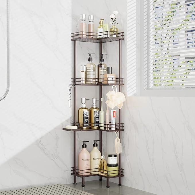 Consumest Corner Shower Caddy Standing - 4-Tier Stainless Steel Shower Organizer with Soap Holder and 4 Hooks, Large Capacity Corner Shelf Stand for Bathroom, Rest Room, Bronze - ModernBath