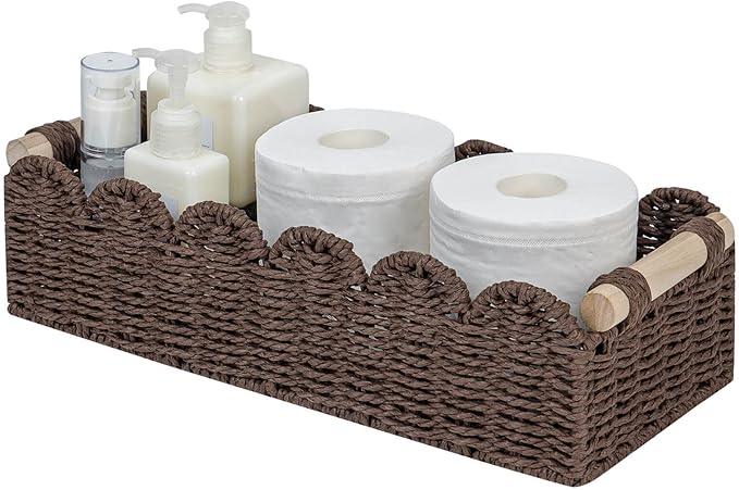 CubesLand Paper Rope Scalloped Edge Shelves Storage Basket, Woven Toilet Paper Baskets for Over Toilet Storage Shelf, Ending Table, Floating Shelves Organizing or Home Décor, with Wood Handle, Brown - ModernBath