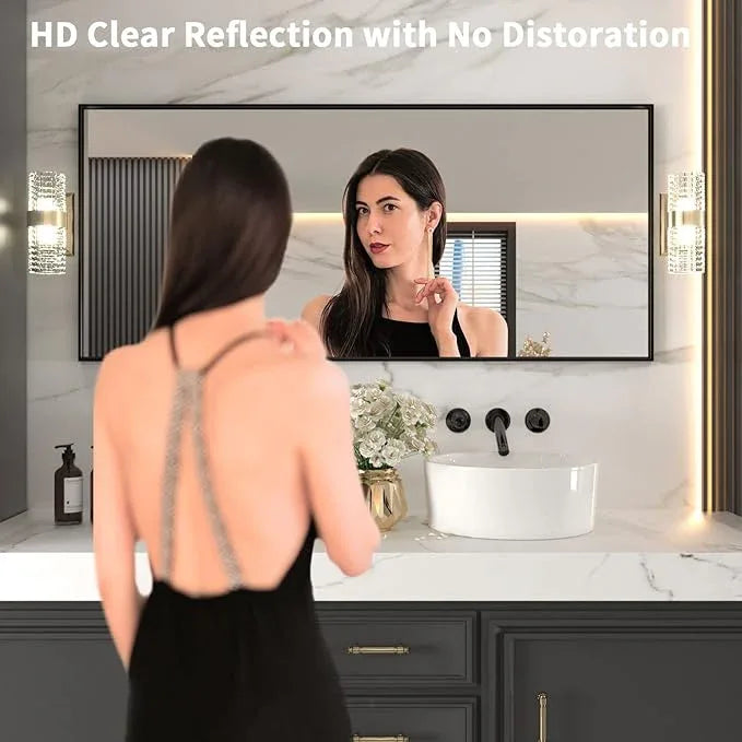 LOAAO 72"X32" Black Rectangle Bathroom Mirror Wall, Matte Black Aluminum Alloy Frame, Tempered Glass, Hangs Vertically or Horizontally, Easy to Install - ModernBath