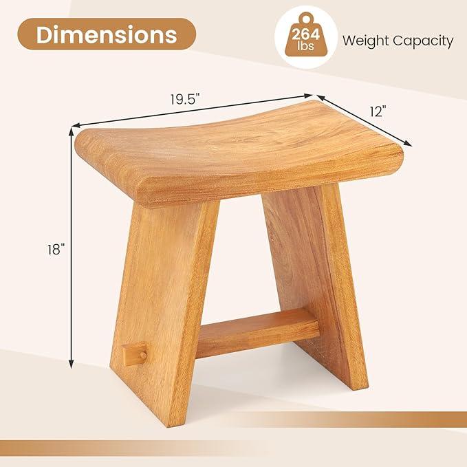 Giantex Teak Shower Bench Stool for Bathroom, Fully Assembled Wooden Bath Seat with Curved Seat, Waterproof Spa Shaving Bench Foot Rest for Indoor Outdoor Use, 19.5''L x 12''W x 18''H - ModernBath