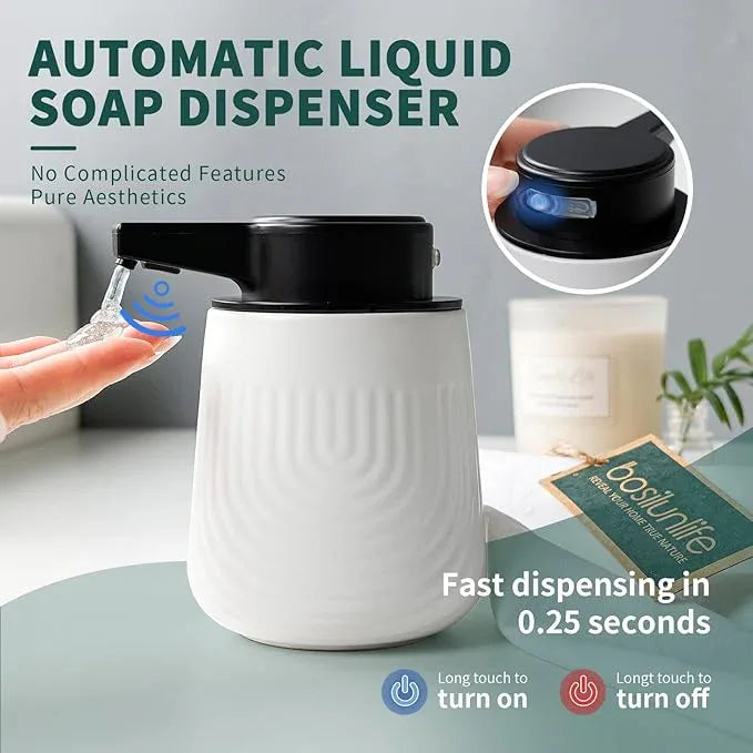 BosilunLife Ceramic Automatic Soap Dispenser with Extended Pump Nozzle, 3 Adjustable Levels, Touchless Lotion Liquid Hand Wash Dispenser for Bathroom & Kitchen, Embossed Wave Design, White, 10oz - ModernBath
