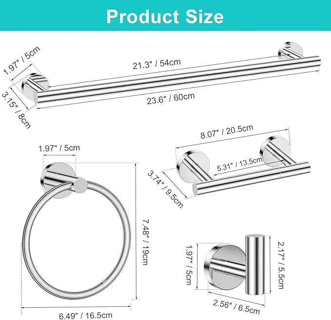 5 Pieces Polished Chrome Round Towel Bar Set Bathroom Hardware Accessories Set Upgraded Toilet Paper Holder Towel Racks Set for Bathroom Stainless Steel Wall Mounted 23.6 in - ModernBath