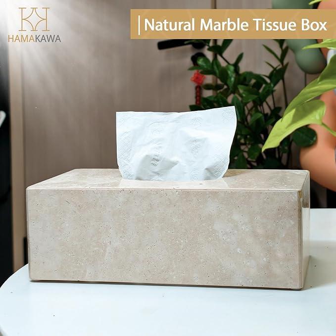 HAMAKAWA Natural Marble Tissue Box Cover, Beige Tissue Organizer L 10 x W 5.5 x H 3.5 Inch, Heavy Stone Decorative Box, Square Tissue Box Holder for Home Decor, Kitchen, Bathroom - ModernBath