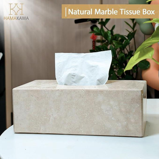 HAMAKAWA Natural Marble Tissue Box Cover, Beige Tissue Organizer L 10 x W 5.5 x H 3.5 Inch, Heavy Stone Decorative Box, Square Tissue Box Holder for Home Decor, Kitchen, Bathroom - ModernBath