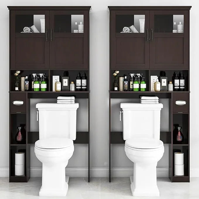 Over The Toilet Storage Cabinet, Storage Cabinet Over Toilet with Double Doors & Toilet Paper Holder Stand, Freestanding Toilet Shelf Space Saver with Anti-Tip Design & Adjustable Shelf, Espresso - ModernBath