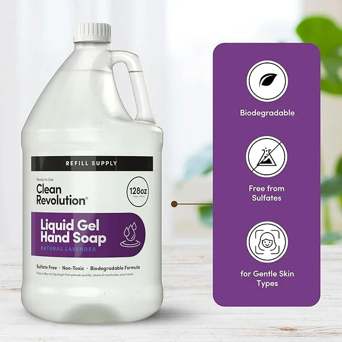 Clean Revolution Liquid Gel Hand Soap, Silky Rich Liquid, Quick Lather, Fast Rinsing, Contains Real Essential Oils (Natural Lavender) 128 Fl Oz - ModernBath