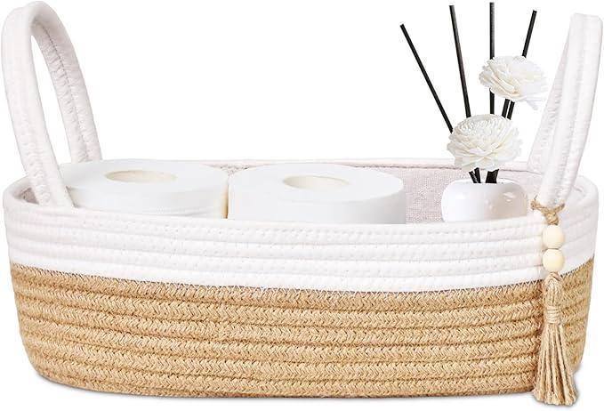 ABenkle Small Storage Basket for Toilet Tank Top - Jute Rope Woven Organizer with Handle, Boho Countertop Bathroom Decor, Toilet Paper Holder, 13x6x4 Inch - ModernBath