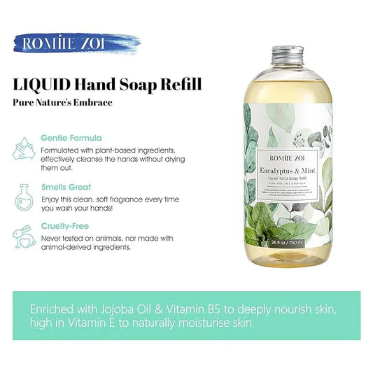 ROMIIE ZOI Liquid Hand Soap Refills, Eucalyptus & Mint, Gentle & Moisturizing Formula, 750 ML/ 26 FL OZ - ModernBath