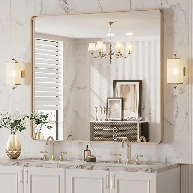LOAAO 40”X36” Gold Bathroom Mirror, Rounded Rectangle Gold Frame Mirror, Brushed Gold Bathroom Vanity Mirror Wall-Mounted, Anti-Rust, Tempered Glass, Hangs Horizontally or Vertically - ModernBath