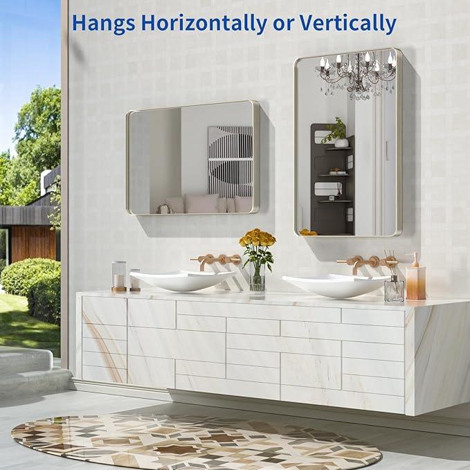 WEER 20X30 Inch Brushed Nickel Bathroom Mirror, Brushed Silver Metal Frame Mirror, Rounded Rectangle Silver Bathroom Vanity Mirror, Tempered Glass, Anti-Rust, Hangs Horizontally or Vertically - ModernBath