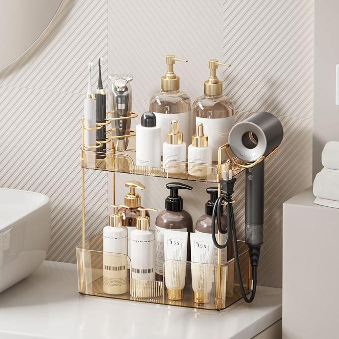 Bathroom Counter Organizer for Vanity, Makeup Organizer Countertop with Holder, Large Capacity Storage Rack, Perfect Large Skincare, Hair Care, Perfume, Easy to Install (Gold, 2Tiers) - ModernBath