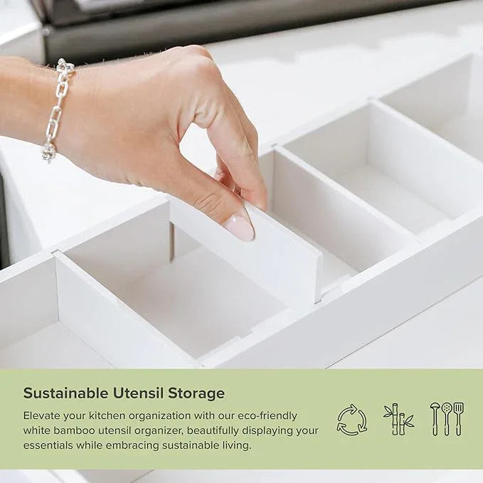 KitchenEdge Adjustable Kitchen Drawer Organizer for Utensils and Junk, Food-Safe Contract Grade with 100% Sustainable Wood, Expandable from 10.5 to 19 Inches Wide - White Bamboo - ModernBath
