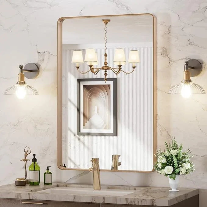 LOAAO 24”X36” Gold Bathroom Mirror, Rounded Rectangle Gold Frame Mirror, Brushed Gold Bathroom Vanity Mirror Wall-Mounted, Anti-Rust, Hangs Horizontally or Vertically - ModernBath