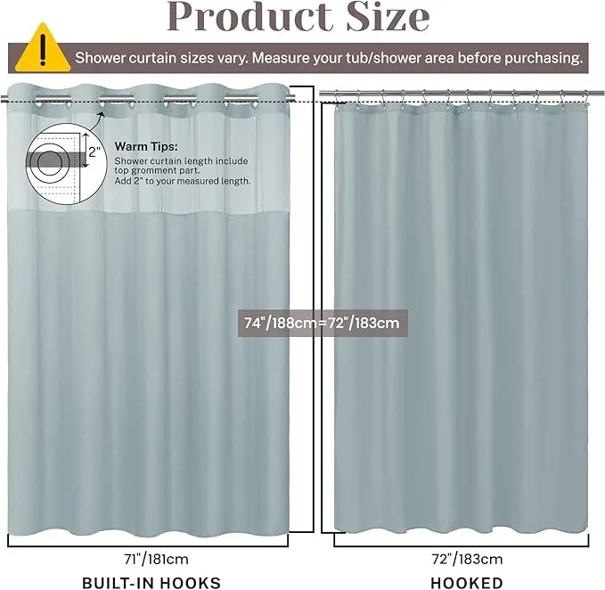SORTTO No Hook Slub Textured Shower Curtain with Snap in Liner - Blue Fabric Outer Curtain & Waterproof Inner Liner, Hotel Style with See Through Top Window, 71x74 in - ModernBath