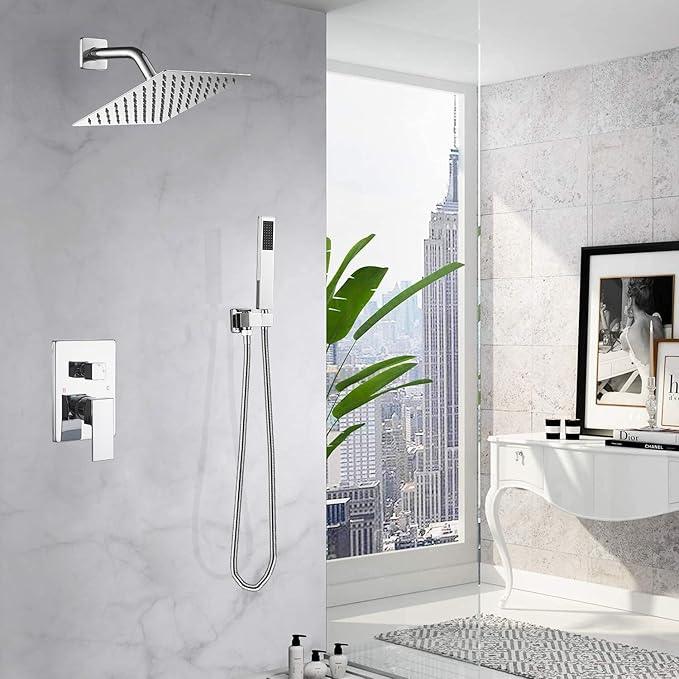 JingGang Shower System Polished Chrome Bathroom Rainfall Shower Faucet Set Complete Wall Mounted 8 Inch Shower Head and Handle Set with Rough-in Valve Body and Trim Kit - ModernBath