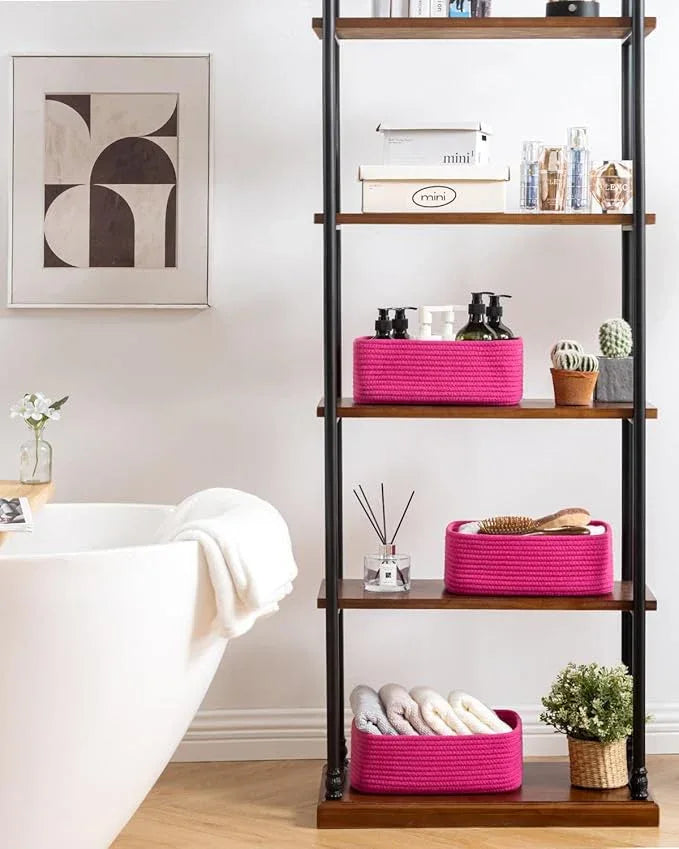 Small Woven Basket, 12 x 8 x 4.5 Inches, Storage Basket for Organizing, Cute Small Rope Shelf Closet Cube Storage Bins Baskets for Shelves, Dog Toy Gift Baskets Empty, 3 Packs, Hot Pink - ModernBath