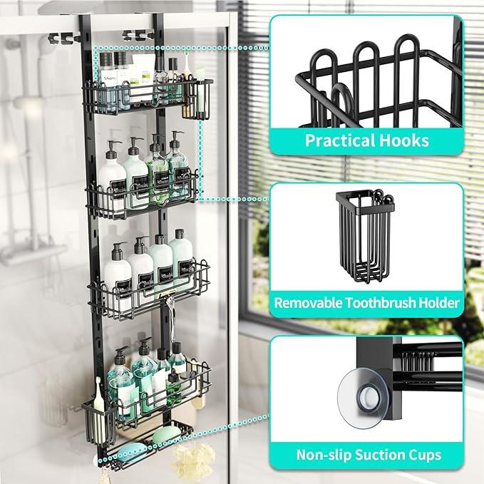 HapiRm 5 Tier Over the Door Shower Caddy, Hanging Shower Caddy with 28 Hooks and 2 Toothbrush Holders, No Drilling Adjustable Hanging Bathroom Organizer - Black - ModernBath