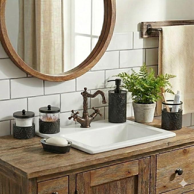 Autumn Alley Black Bathroom Accessories Set, 5 Pieces, Bathroom Decor - Black Soap Dispenser Bathroom Lotion Dispenser, Metal Toothbrush Holder, 2 Glass Apothecary Jars (Qtip Holder), Soap Holder - ModernBath