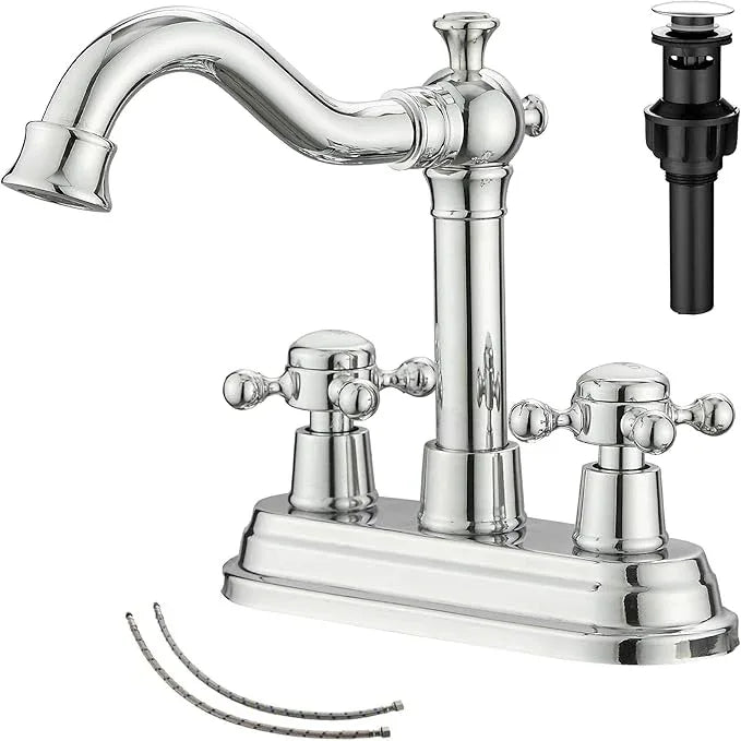GGStudy Polished Chrome Bathroom Faucet 2 Handles 4 Inches Centerset Bathroom Vanity with Drain Assembly and Supply Hose Lavatory Faucet - ModernBath