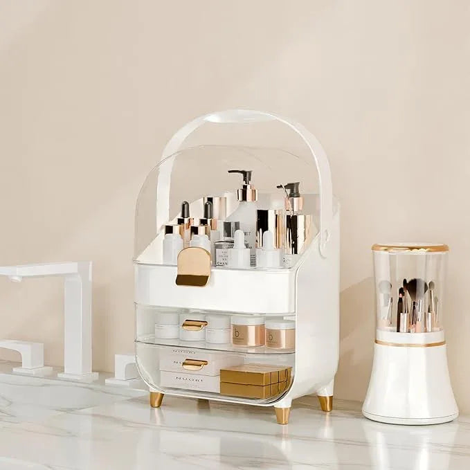 Makeup Organizer Countertop With Lid And Drawers Large Skin Care Cosmetic Display Case Holder for Vanity Desk Bathroom Storage Box Gift for Women Teens Girls,White With Brush Holder - ModernBath