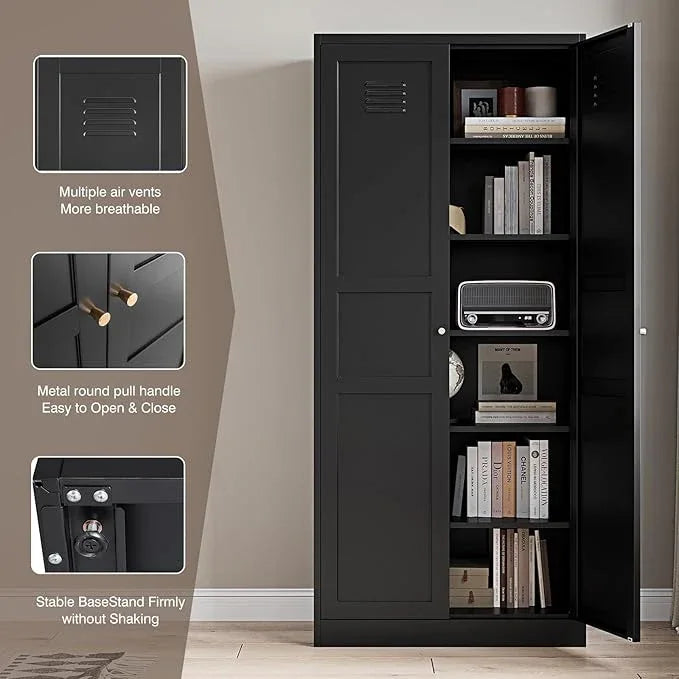 Yizosh Metal Storage Cabinet with 2 Doors and 5 Adjustable Shelves - 71" Black Kitchen Pantry Storage Cabinet, 5-Tier Tall Steel Cabinet Locker for Kitchen, Living Room, Dining Room - ModernBath