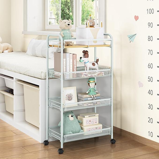 TOOLF 4-Tier Rolling Cart, Metal Utility Cart, Slide Out Storage Cart with Wooden Tabletop and Mesh Baskets for Narrow Space on Kitchen Bathroom Laundry Room Bedroom Apartments Dormitory (Green, Wide) - ModernBath