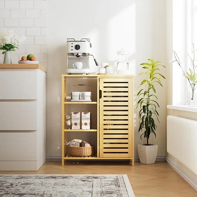 HITNET Bathroom Floor Cabinet, Bamboo Storage Cabinet with Door and 3 Open Shelves, Freestanding Side Kitchen Cupboard Organizer, Natural - ModernBath